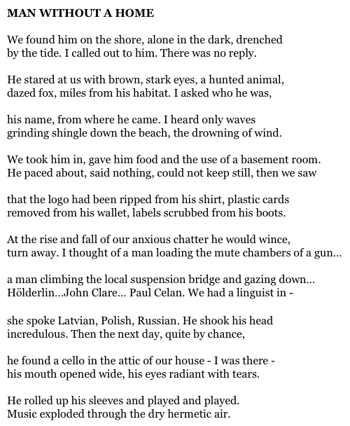 MAN WITHOUT A HOME

We found him on the shore, alone in the dark, drenched
by the tide. I called out to him. There was no reply.

He stared at us with brown, stark eyes, a hunted animal,
dazed fox, miles from his habitat. I asked who he was,

his name, from where he came. I heard only waves
grinding shingle down the beach, the drowning of wind.

We took him in, gave him food and the use of a basement room.
He paced about, said nothing, could not keep still, then we saw

that the logo had been ripped from his shirt, plastic cards
removed from his wallet, labels scrubbed from his boots.

At the rise and fall of our anxious chatter he would wince,
turn away. I thought of a man loading the mute chambers of a gun…

a man climbing the local suspension bridge and gazing down…
Hölderlin…John Clare… Paul Celan. We had a linguist in -

she spoke Latvian, Polish, Russian. He shook his head
incredulous. Then the next day, quite by chance,

he found a cello in the attic of our house - I was there -
his mouth opened wide, his eyes radiant with tears.

He rolled up his sleeves and played and played.
Music exploded through the dry hermetic air.