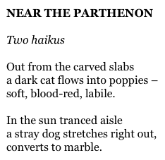 NEAR THE PARTHENON

Two haikus

Out from the carved slabs
a dark cat flows into poppies –
soft, blood-red, labile.

In the sun tranced aisle
a stray dog stretches right out,
converts to marble.