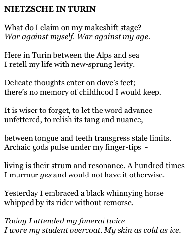 NIETZSCHE IN TURIN

What do I claim on my makeshift stage?
War against myself. War against my age.

Here in Turin between the Alps and sea
I retell my life with new-sprung levity.

Delicate thoughts enter on dove’s feet;
there’s no memory of childhood I would keep.

It is wiser to forget, to let the word advance
unfettered, to relish its tang and nuance,

between tongue and teeth transgress stale limits.
Archaic gods pulse under my finger-tips  -

living is their strum and resonance. A hundred times
I murmur yes and would not have it otherwise.

Yesterday I embraced a black whinnying horse
whipped by its rider without remorse.

Today I attended my funeral twice.
I wore my student overcoat. My skin as cold as ice.